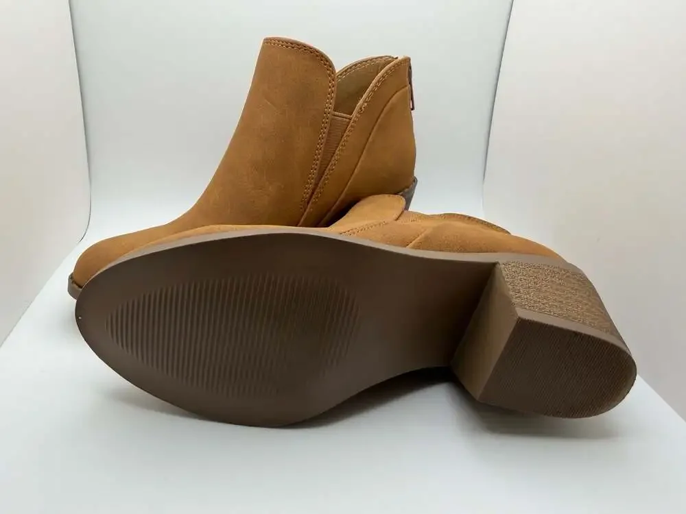 By The Way (btw) Tan Faux Suede Ankle Booties with Side Cutouts and Back Zipper